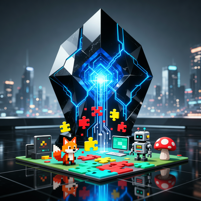 Визуальная метафора поглощения игровой студии Loom Games компанией Scopely: крупная корпоративная структура поглощает ярких пиксельных существ из игры Pixel Flow!