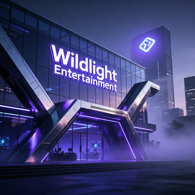 Кинематографичное изображение фасада студии Wildlight Entertainment с драматическим освещением, намекающее на скрытое влияние Tencent.