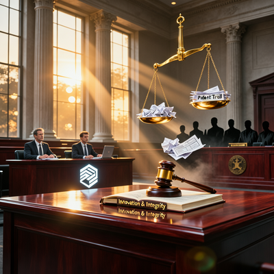 Символическое изображение победы компании Valve над патентным троллем в зале суда, где весы правосудия склоняются в сторону инноваций.