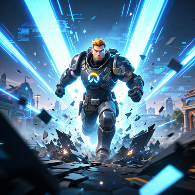 Героический персонаж Overwatch возрождается из цифровых обломков в сияющем свете, символизируя возвращение игры с рекордным онлайн в Steam.