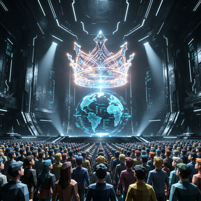 Концепт-арт: массивная цифровая корона парит над картой мира в футуристическом тронном зале, окруженная миллионами аватаров игроков. Стиль кинематографичный, с драматическим освещением.