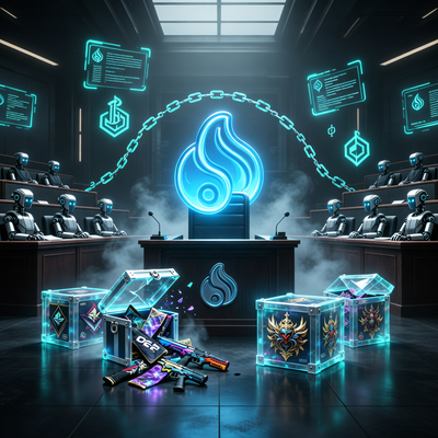 Суд над лутбоксами Steam: тёмный зал суда с голографическими лутбоксами и виртуальными предметами, символизирующими азартные игры.