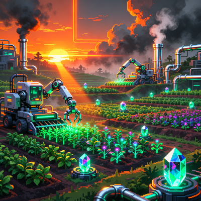 Изображение автоматизированной пиксельной фермы в стиле 16-битной эпохи с драматическим освещением, отражающее концепцию игры Silicone Heart.