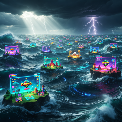 Визуализация рекордного Steam Next Fest: бурный цифровой океан с тысячами светящихся островов-демо игр, символизирующий вызовы для инди-разработчиков.