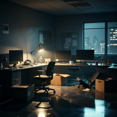 Пустой офис игровой студии с упакованными коробками на столах и драматическим освещением, символизирующий сокращение сотрудников Tripwire Interactive.