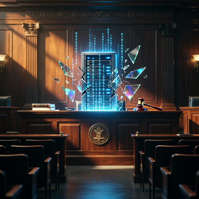 Символическое изображение судебного зала с цифровым нарушением данных на фоне, отражающее штраф Battlestate Games за обработку персональных данных.