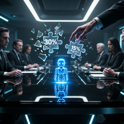 Драматичная сцена в футуристическом зале заседаний 2026 года с голографическим логотипом Android, символизирующая изменение правил Google: снижение комиссий и легализацию сторонних магазинов приложений.