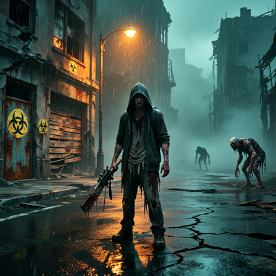 Драматичная сцена из игры Resident Evil Requiem: выживший в темном, зараженном городе с атмосферой хоррора и напряженным освещением.