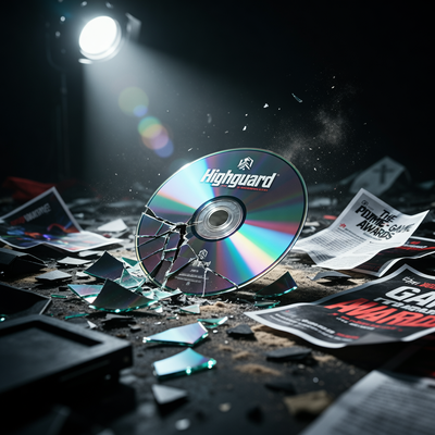Разбитый диск игры Highguard в темноте с драматическим освещением, символизирующий быстрый провал проекта после громкого анонса.