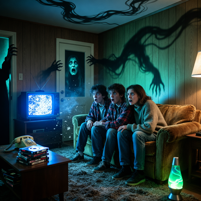 Группа друзей в напряженной атмосфере 90-х, освещенных мерцающим светом телевизора с помехами, в темной гостиной с элементами хоррора.