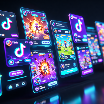 Футуристический интерфейс с лентой HTML5-игр, напоминающей TikTok, в кинематографическом стиле с драматическим освещением.