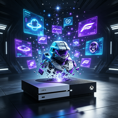 Символическое изображение трансформации Xbox: игровая консоль растворяется в цифровой экосистеме из экранов и значков игр.