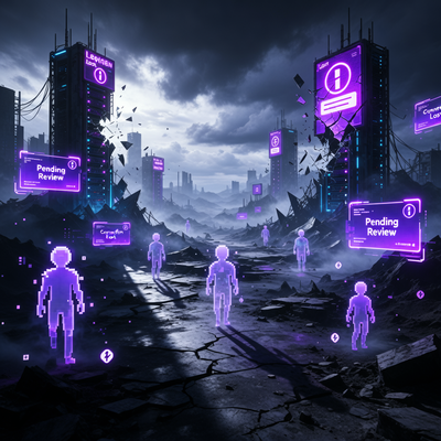 Символическое изображение хрупкого доверия в игровом сообществе: цифровой ландшафт трескается под драматическим освещением, олицетворяя отложенную верификацию Discord.