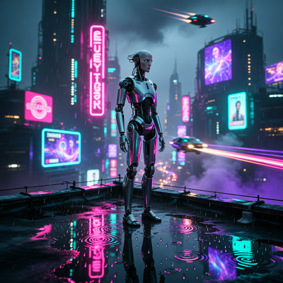 Одинокий андроид на крыше в дождливом неоновом киберпанк-городе ночью, атмосфера ожидания и технологической дистопии.