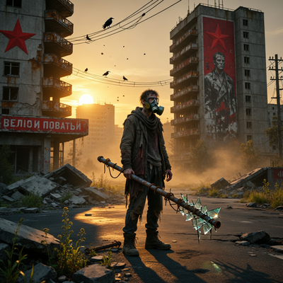 Одинокий выживший в постапокалиптическом городе с разрушенными советскими зданиями на фоне заката, готовясь к бою в атмосфере ностальгии и опасности.