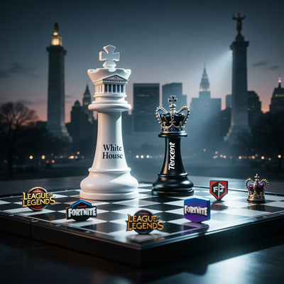 Символическое изображение противостояния Белого дома и Tencent в игровой индустрии: шахматная доска с фигурами, представляющими политическое давление и китайские инвестиции, на фоне силуэта Вашингтона.