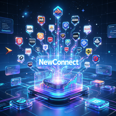 Визуализация уникальной польской игровой экосистемы: центральная биржевая платформа NewConnect, окружённая множеством небольших студий, символизирующих рост и прозрачность.