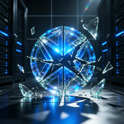 Фрагментированный логотип Unity из стекла с драматической подсветкой на тёмном фоне, символизирующий кризис и распад компании.