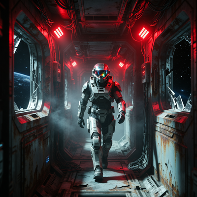 Тактический солдат в заброшенных коридорах космической колонии в игре Marathon от Bungie, атмосферная сцена с драматическим освещением.