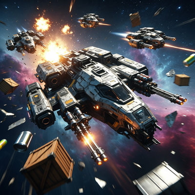 Космический корабль в битве с другими судами на фоне звёзд, демонстрирующий модульную конструкцию и тактический бой.