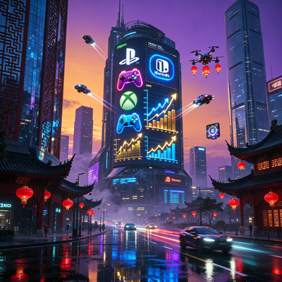 Футуристический городской пейзаж Китая с цифровым билбордом, показывающим рост игрового рынка и популярность консолей.