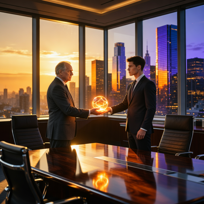 Драматическая сцена передачи власти в игровой индустрии: основатель символически передает контроль новому генеральному директору в современном офисе при закатном освещении.