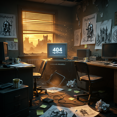 Заброшенный офис студии Wildlight Entertainment с монитором, показывающим ошибку 404, и разбросанными концепт-артами игры Highguard.