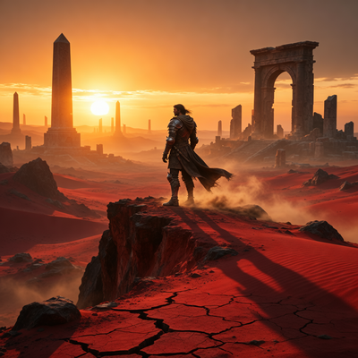 Одинокий воин на скале в багровой пустыне на закате, древние руины вдалеке, драматическое освещение.