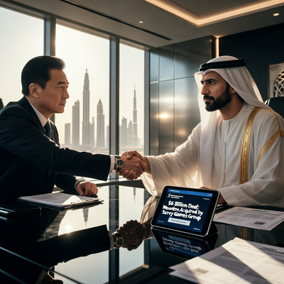 Драматичная сцена передачи игровой студии Moonton от ByteDance саудовскому фонду Savvy Games Group за 6 миллиардов долларов в современном переговорном зале.