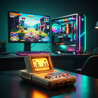 Контраст между старым игровым консолью 90-х и современным игровым ПК, символизирующий эволюцию ремейков и ремастеров в индустрии.