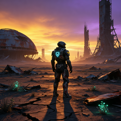 Одинокий солдат в футуристической броне стоит на пустынном инопланетном ландшафте на закате, символизируя провальный старт игры Marathon от Bungie.