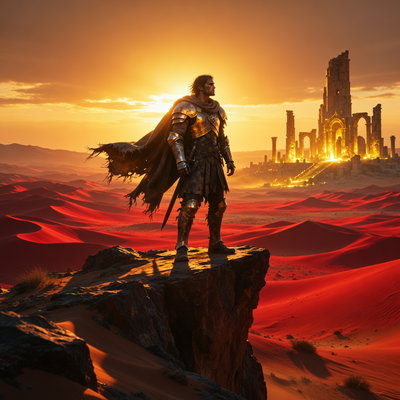 Воин на скале над красной пустыней на закате, символизирующий восстановление после падения.