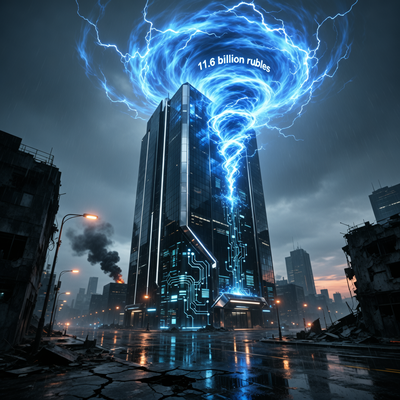 Кинематографичная сцена: массивный небоскреб игровой корпорации поглощает огромный долг в виде энергетического вихря, символизируя быстрое погашение 11,6 млрд рублей на фоне напряженного городского пейзажа.