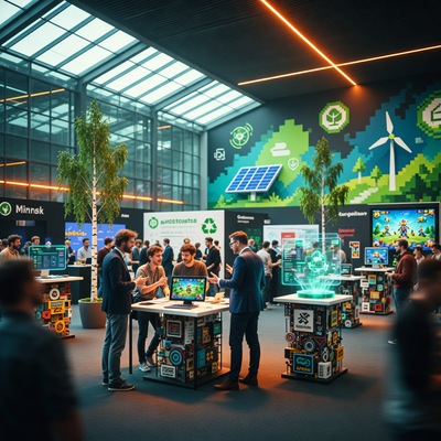 Сцена игровой конференции в Минске с разработчиками и аналитиками, освещенная драматическим светом, символизирующая экономическую устойчивость и инди-творчество.