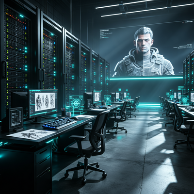 Визуализация масштабов разработки AAA-игр: огромная футуристическая студия с пустыми рабочими местами и серверными стойками в драматичном ночном освещении.