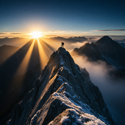 Одинокий альпинист карабкается по скалистой вершине на рассвете в гиперреалистичном стиле, олицетворяя медитативность и вызов игры Cairn.