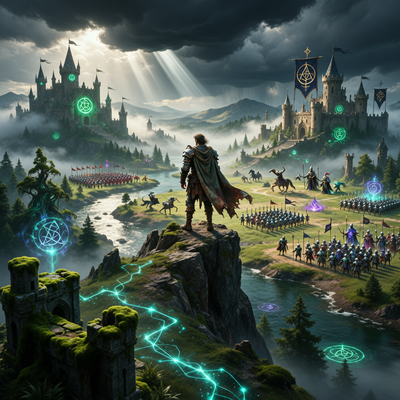 Эпическая сцена из стратегической игры Heroes of Might and Magic: Olden Era — герой смотрит на фантастический ландшафт с замками и армиями под драматическим освещением.