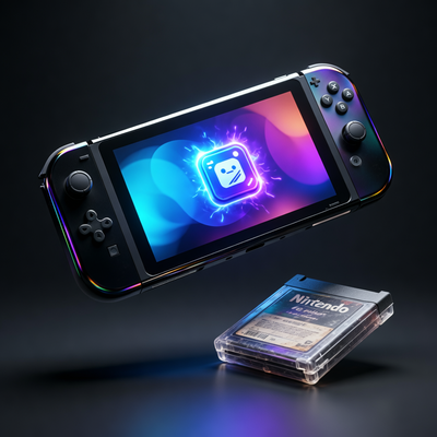 Консоль Nintendo Switch 2 в кинематографическом стиле с яркой цифровой игрой на экране и физической копией в коробке рядом, отражая переход к цифровым играм.