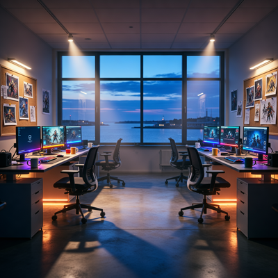 Пустой офис игровой студии в Мальмё с драматическим освещением, символизирующий закрытие студии Coffee Stain после обретения независимости.