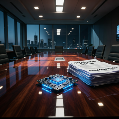 Заброшенная плата искусственного интеллекта на столе в корпоративном зале заседаний, символизирующая переход от исследований к прагматичной интеграции ИИ в игровой индустрии.