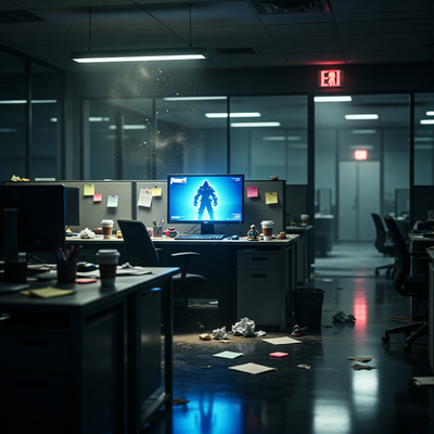 Пустой офис Epic Games ночью с разбросанными вещами на столах и монитором, где исчезает силуэт персонажа Fortnite, символизируя массовые увольнения и падение доходов компании.