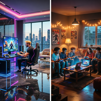 Разделенное изображение: слева — обеспеченный геймер в роскошной комнате играет в премиум-игру, справа — группа геймеров в скромной обстановке увлечена бесплатными играми-сервисами, символизируя раскол игровой индустрии.