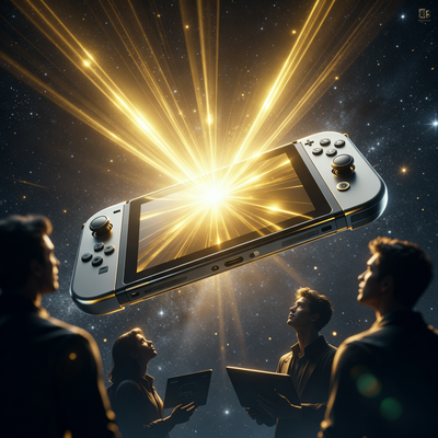 Консоль Nintendo Switch 2 в космическом пространстве, окруженная золотым сиянием, символизирующим финансовый успех и трансформацию игрового рынка.