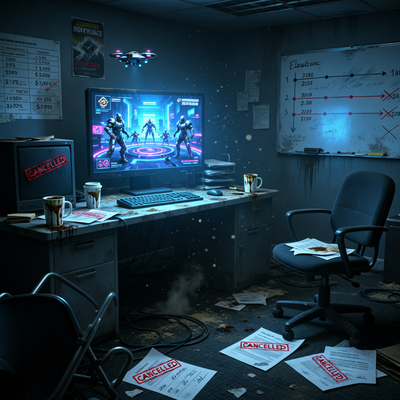 Пустой офис студии Gunzilla Games с темным интерьером, одиноким мерцающим монитором, показывающим концепт-арт игры Off the Grid, символизирующий финансовый кризис и неопределенное будущее проекта.