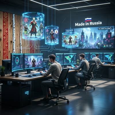 Драматичная сцена в современной российской студии разработки игр с футуристическим оборудованием и голографическими проектами, символизирующая новый этап развития игровой индустрии.