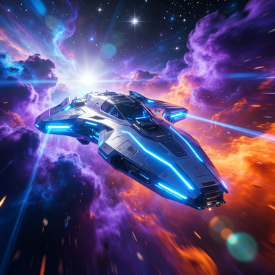 Футуристический космический корабль летит через красочную туманность, символизируя амбициозный проект ROCKFISH Games, поддержанный государственным грантом.