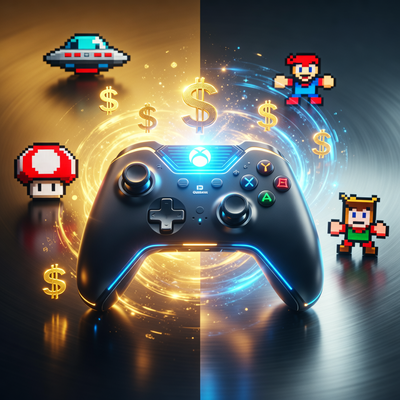 Драматическая визуализация успешной трансформации издателя Devolver Digital: новый контроллер сияет на фоне уходящих в тень классических игровых иконок.