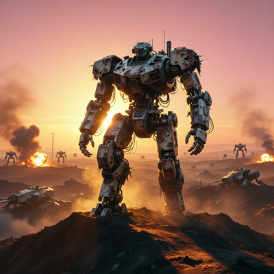 Монументальный боевой робот на фоне футуристического поля боя на рассвете, символизирующий 12-летний успех игры War Robots и её постоянное обновление.
