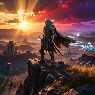 Одинокий воин с серебристо-серыми волосами стоит на скале на фоне эпического заката в открытом мире игры Crimson Desert.