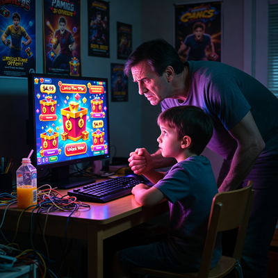 Родитель и ребенок за компьютером, на экране яркие лутбоксы и внутриигровые покупки, символизирующие проблему трат детей в играх.